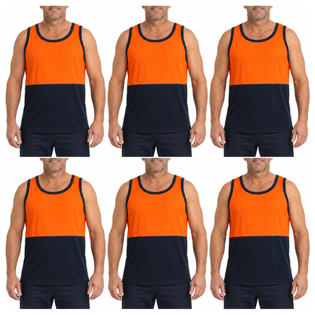 6x HI VIS Singlet/Tank Top Bulk Pack - Orange/Navy (High Visibility Fluro Safety Workwear)