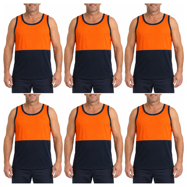 6x HI VIS Singlet/Tank Top Bulk Pack - Orange/Navy (High Visibility Fluro Safety Workwear)