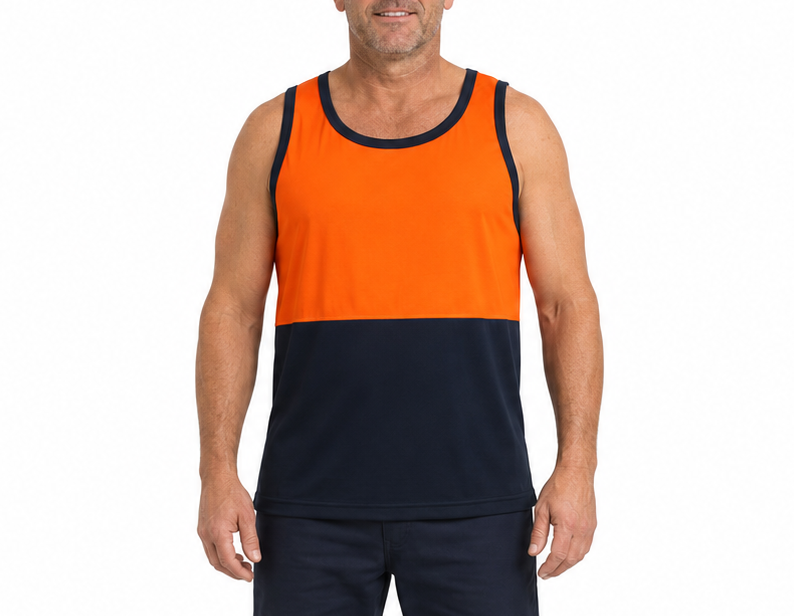HI VIS Singlet/Tank Top - Orange/Navy (High Visibility Fluro Safety Workwear)