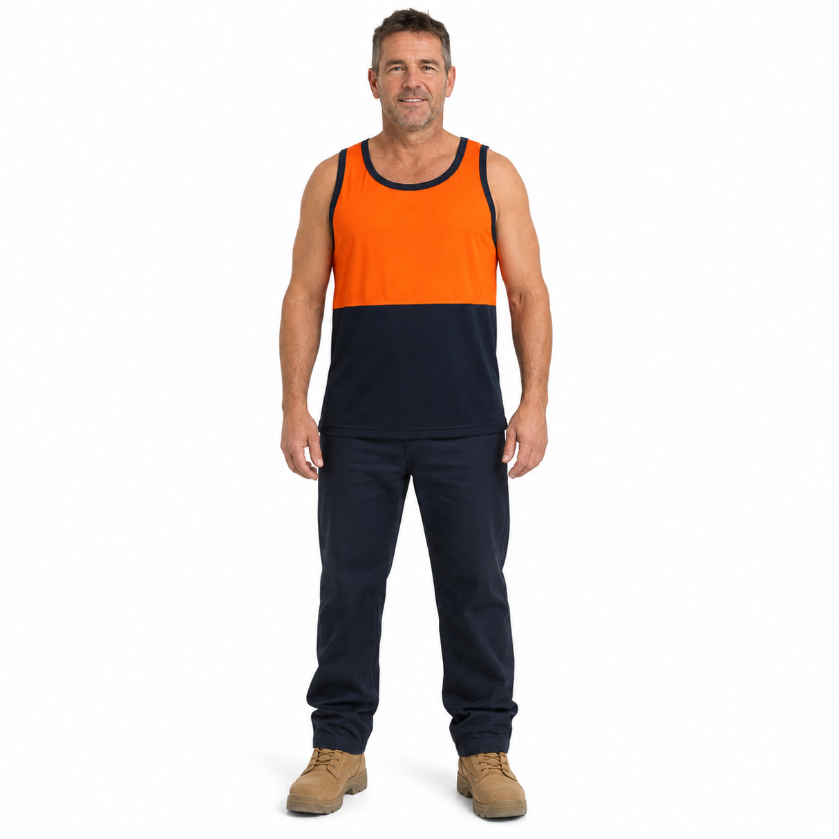HI VIS Singlet/Tank Top - Orange/Navy (High Visibility Fluro Safety Workwear)