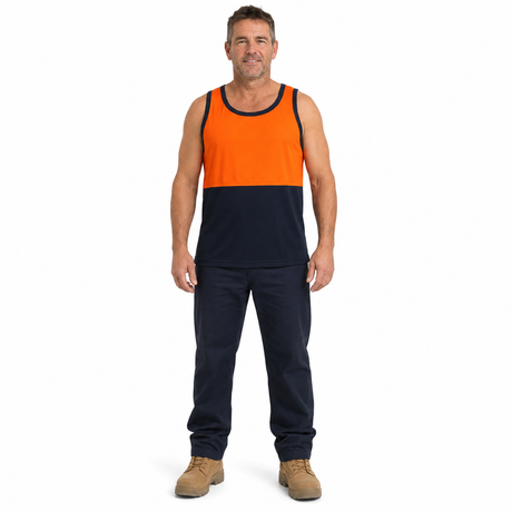 HI VIS Singlet/Tank Top - Orange/Navy (High Visibility Fluro Safety Workwear)
