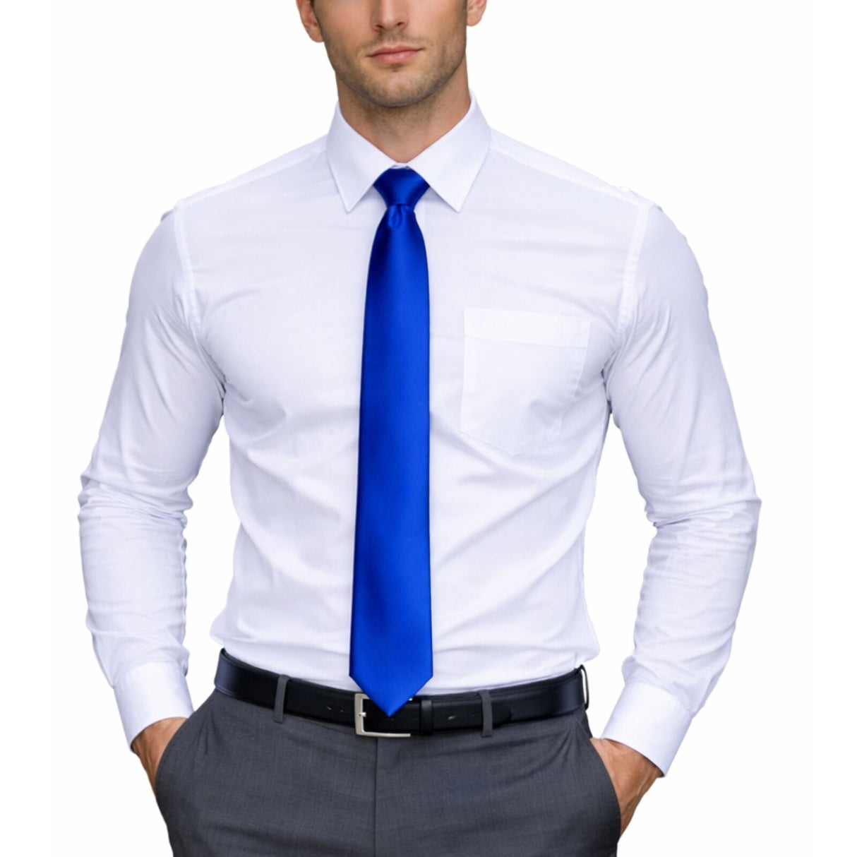 Mens Blue Skinny Tie - Plain Polyester Skim Necktie (Formal/Wedding/Party)