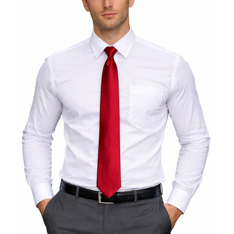 Mens Burgundy Skinny Tie - Plain Polyester Skim Necktie (Formal/Wedding/Party)