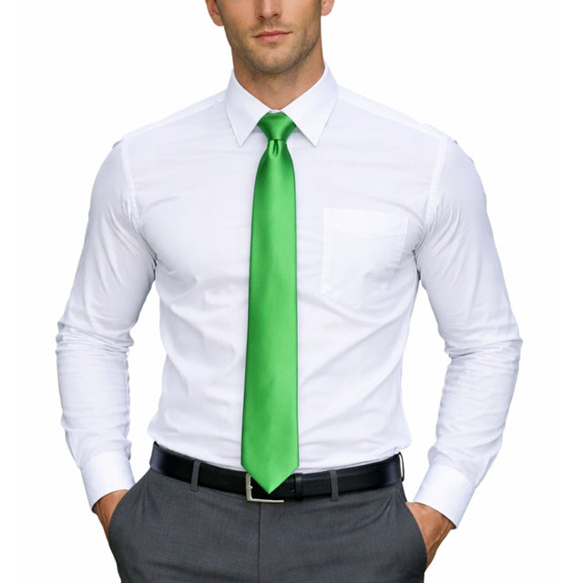 Mens Green Skinny Tie - Plain Polyester Skim Necktie (Formal/Wedding/Party)