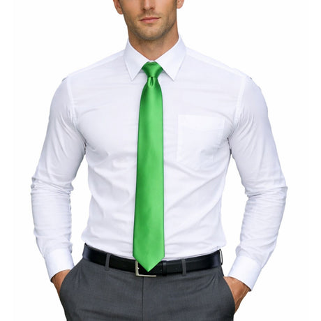 Mens Green Skinny Tie - Plain Polyester Skim Necktie (Formal/Wedding/Party)