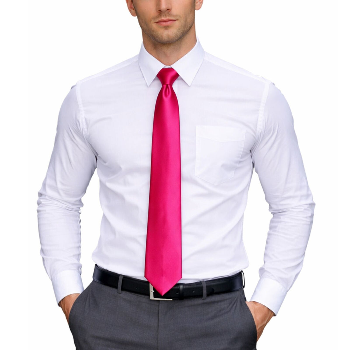 Mens Hot Pink Skinny Tie - Plain Polyester Skim Necktie (Formal/Wedding/Party)