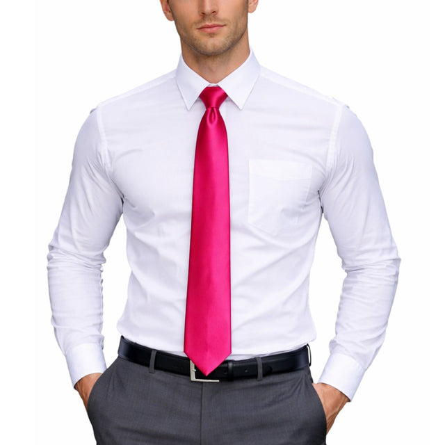 Mens Hot Pink Skinny Tie - Plain Polyester Skim Necktie (Formal/Wedding/Party)