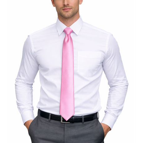 Mens Light Pink Skinny Tie - Plain Polyester Skim Necktie (Formal/Wedding/Party)