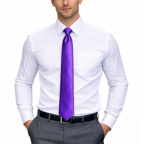 Mens Purple Skinny Tie - Plain Polyester Skim Necktie (Formal/Wedding/Party)