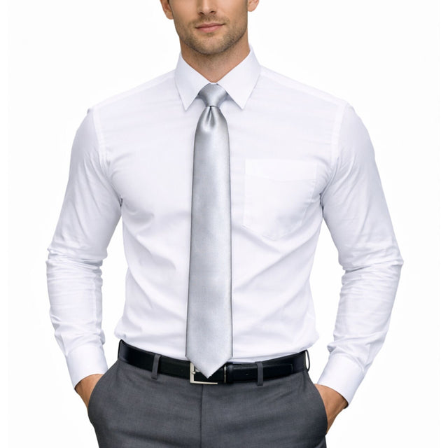 Mens Silver Skinny Tie - Plain Polyester Skim Necktie (Formal/Wedding/Party)