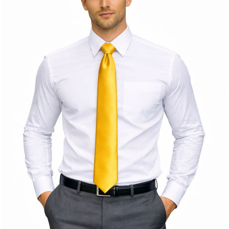 Mens Yellow Skinny Tie - Plain Polyester Skim Necktie (Formal/Wedding/Party)