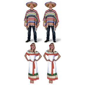 Mexican Fiesta Group Costume Set - 2x Poncho & Sombrero + 2x Womens Mexican Dress (Halloween & Fancy Dress)