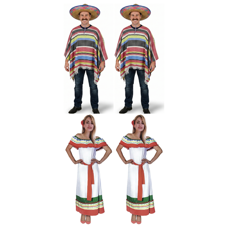 Mexican Fiesta Group Costume Set - 2x Poncho & Sombrero + 2x Womens Mexican Dress (Halloween & Fancy Dress)