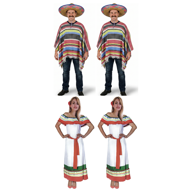 Mexican Fiesta Group Costume Set - 2x Poncho & Sombrero + 2x Womens Mexican Dress (Halloween & Fancy Dress)