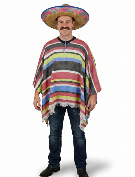 Mens Mexican Poncho + Sombrero Set - Wild West/Cowboy (Halloween & Fancy Dress)