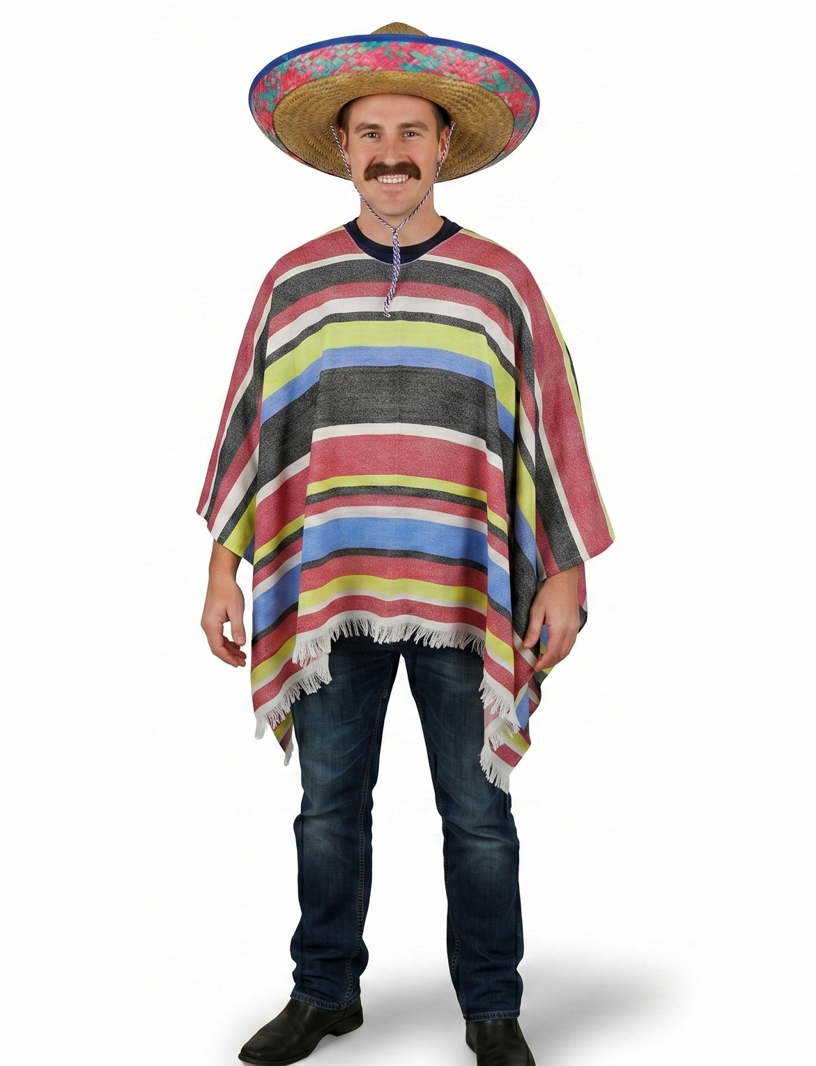 Mens Mexican Poncho + Sombrero Set - Wild West/Cowboy (Halloween & Fancy Dress)