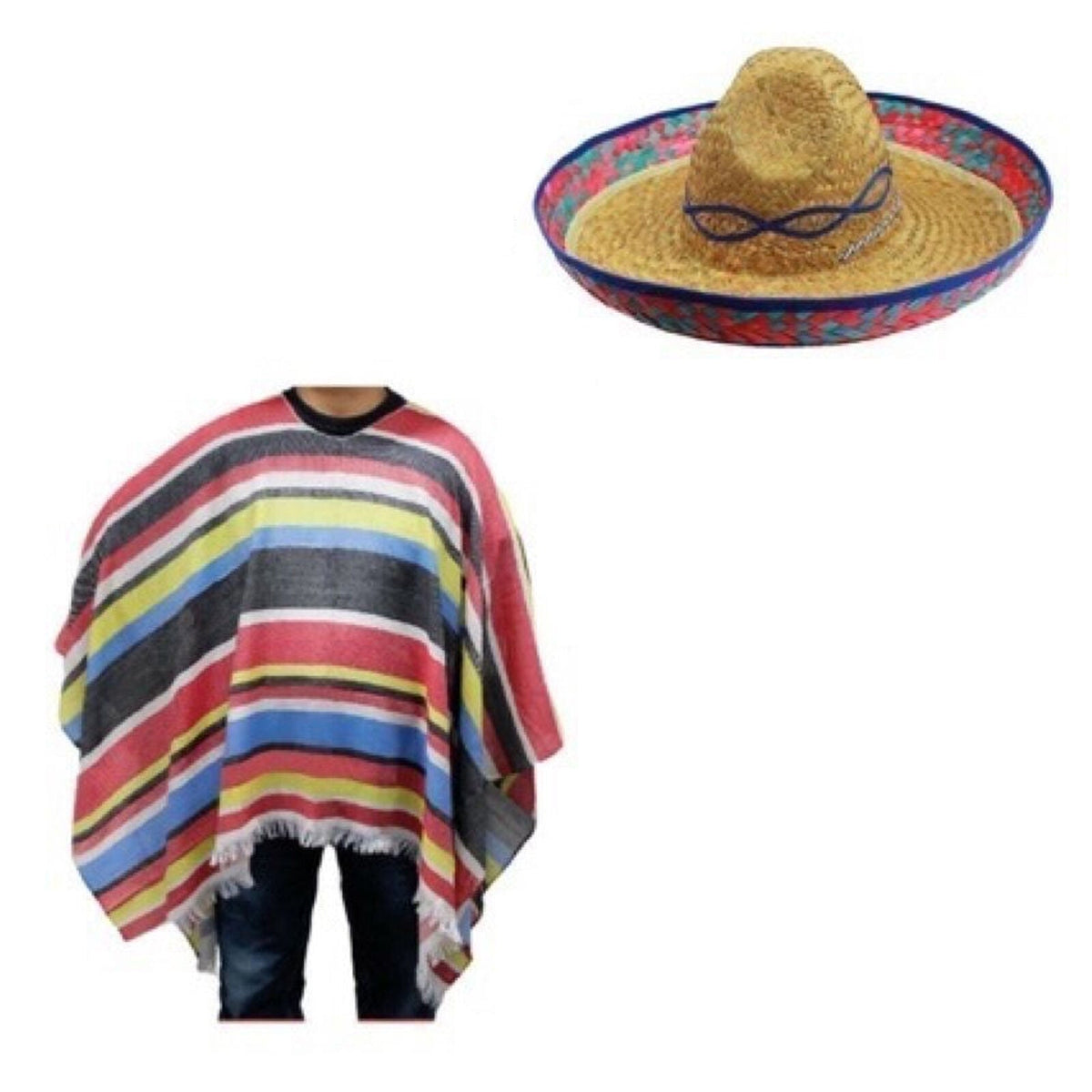 Mens Mexican Poncho + Sombrero Set - Wild West/Cowboy (Halloween & Fancy Dress)