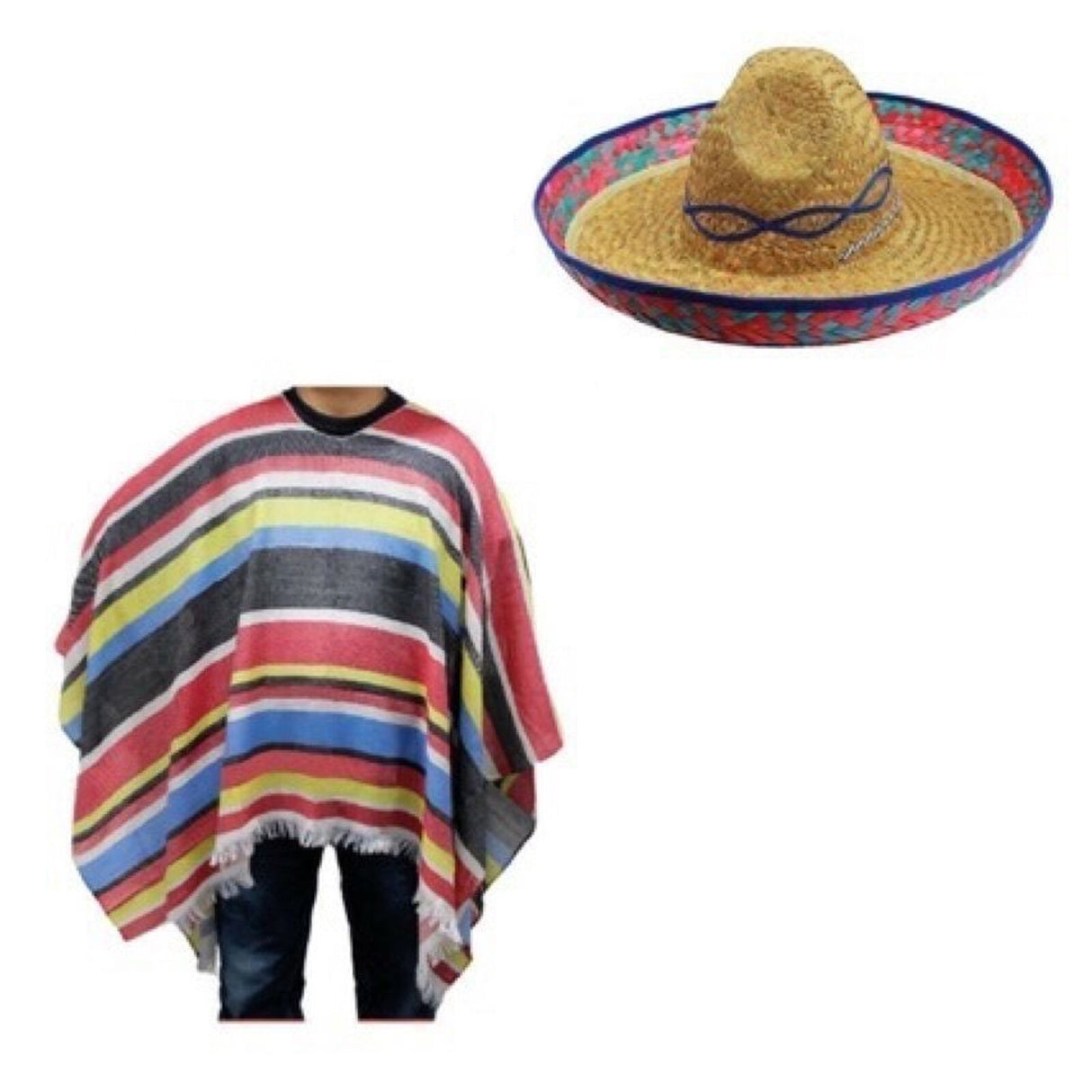 Mens Mexican Poncho + Sombrero Set - Wild West/Cowboy (Halloween & Fancy Dress)