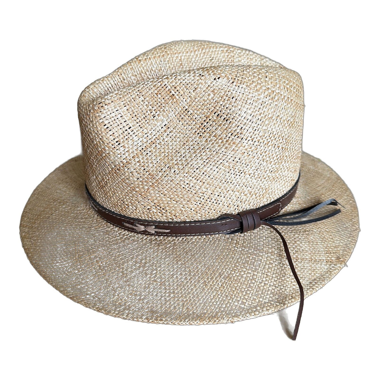 Straw Fedora Hat - Natural & Brown Leather - S