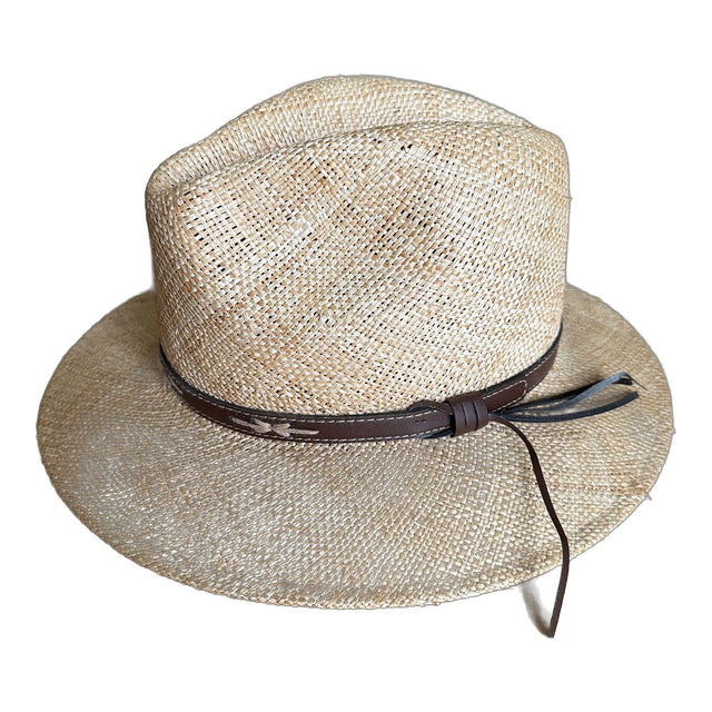 Straw Fedora Hat - Natural & Brown Leather - S