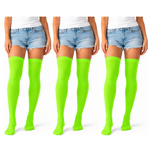 3x Over Knee Stay Up Stockings Pack - Fluro Green (Halloween Costume Socks & Fancy Dress Party)