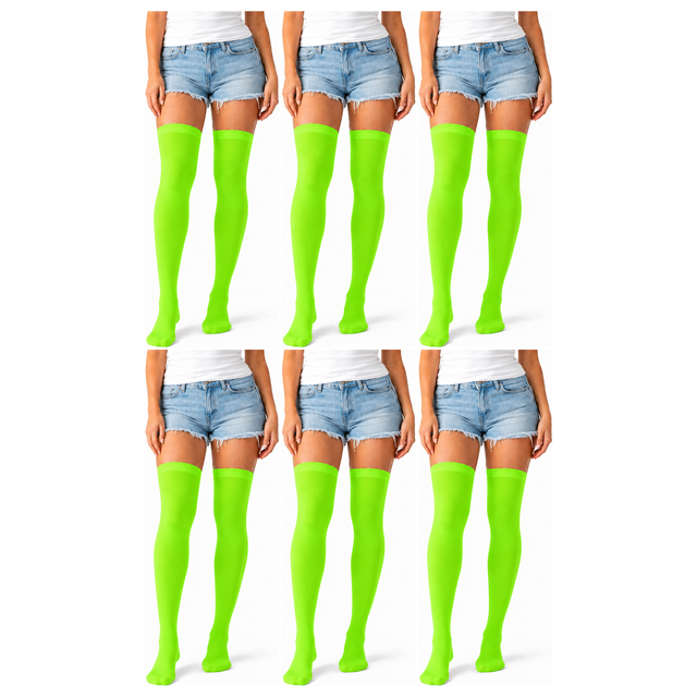 6x Over Knee Stay Up Stockings Bulk Pack - Fluro Green (Halloween Costume Socks & Fancy Dress Party)
