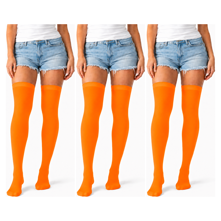 3x Over Knee Stay Up Stockings Pack - Fluro Orange (Halloween Costume Socks & Fancy Dress Party)