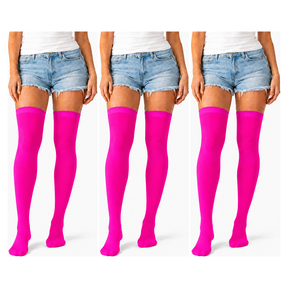 3x Over Knee Stay Up Stockings Pack - Hot Pink (Halloween Costume Socks & Fancy Dress Party)