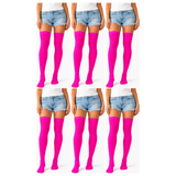 6x Over Knee Stay Up Stockings Bulk Pack - Hot Pink (Halloween Costume Socks & Fancy Dress Party)