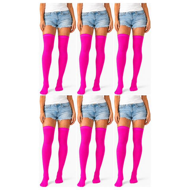 6x Over Knee Stay Up Stockings Bulk Pack - Hot Pink (Halloween Costume Socks & Fancy Dress Party)