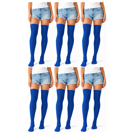 6x Over Knee Stay Up Stockings Bulk Pack - Blue (Halloween Costume Socks & Fancy Dress Party)