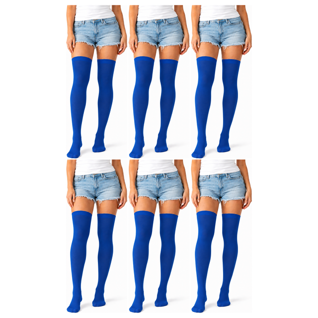 6x Over Knee Stay Up Stockings Bulk Pack - Blue (Halloween Costume Socks & Fancy Dress Party)