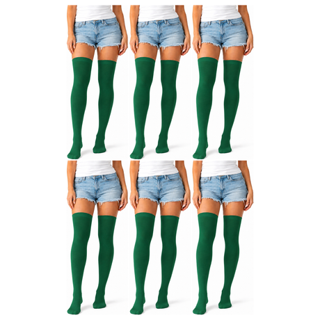 6x Over Knee Stay Up Stockings Bulk Pack - Green (Halloween Costume Socks & Fancy Dress Party)