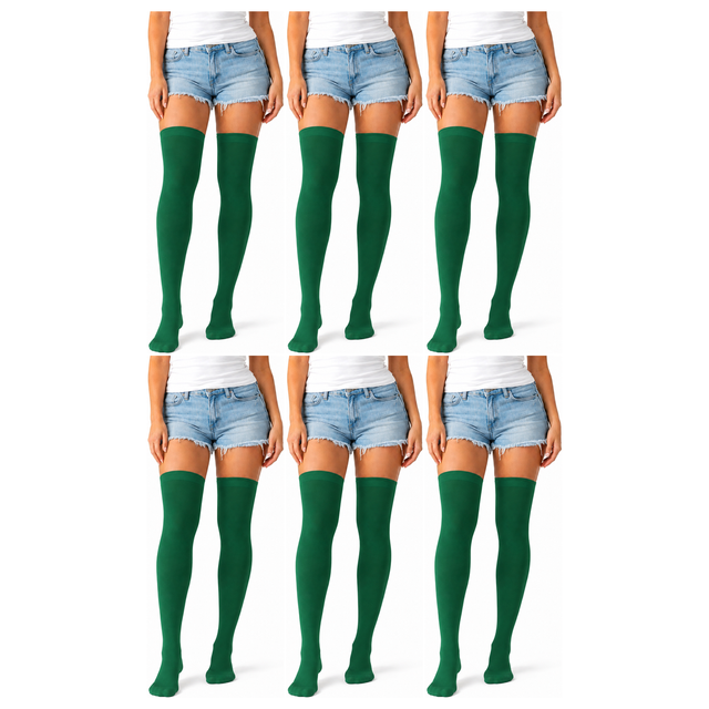 6x Over Knee Stay Up Stockings Bulk Pack - Green (Halloween Costume Socks & Fancy Dress Party)