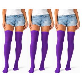 3x Over Knee Stay Up Stockings Pack - Purple (Halloween Costume Socks & Fancy Dress Party)