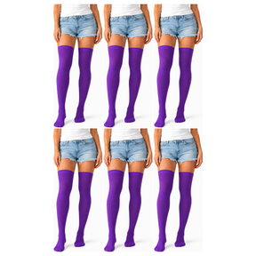 6x Over Knee Stay Up Stockings Bulk Pack - Purple (Halloween Costume Socks & Fancy Dress Party)