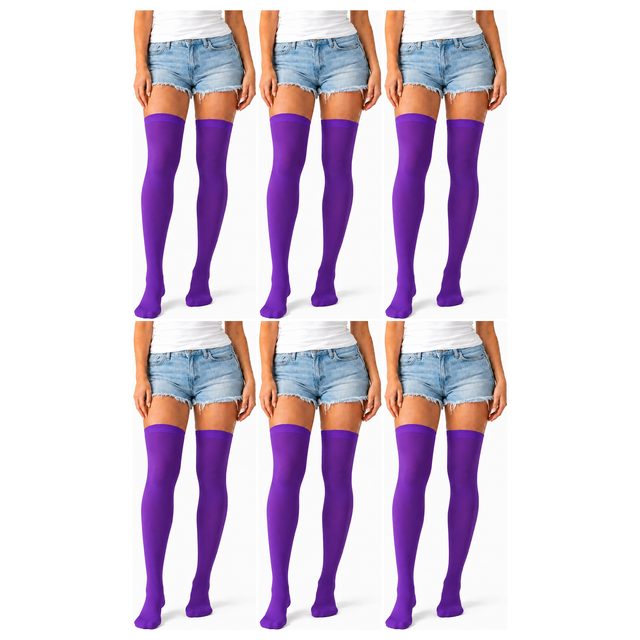 6x Over Knee Stay Up Stockings Bulk Pack - Purple (Halloween Costume Socks & Fancy Dress Party)