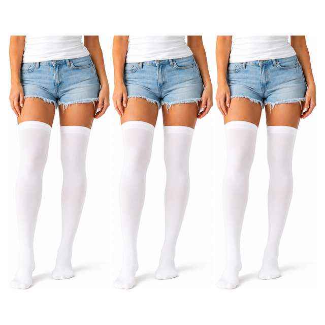 3x Over Knee Stay Up Stockings Pack - White (Halloween Costume Socks & Fancy Dress Party)