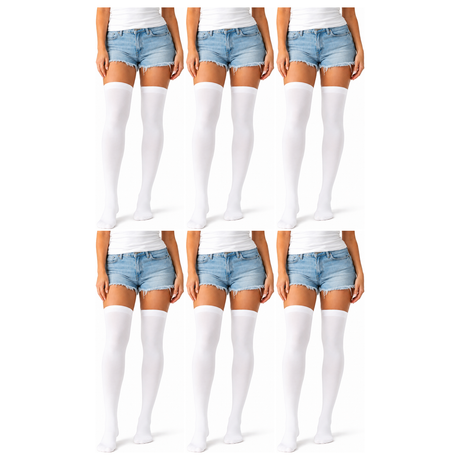 6x Over Knee Stay Up Stockings Bulk Pack - White (Halloween Costume Socks & Fancy Dress Party)