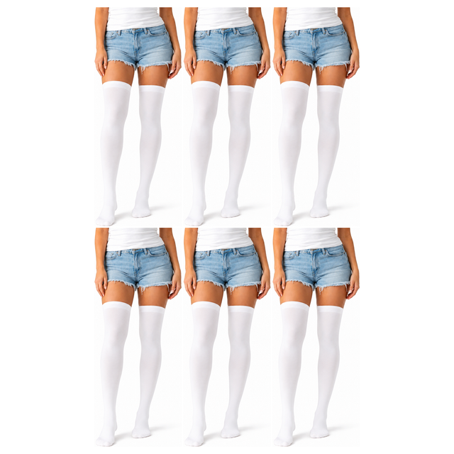 6x Over Knee Stay Up Stockings Bulk Pack - White (Halloween Costume Socks & Fancy Dress Party)