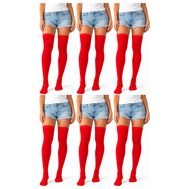 6x Over Knee Stay Up Stockings Bulk Pack - Red (Halloween Costume Socks & Fancy Dress Party)