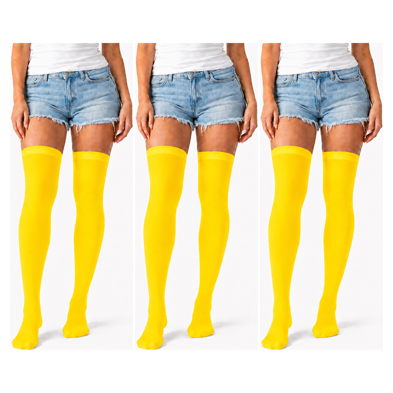 3x Over Knee Stay Up Stockings Pack - Yellow (Halloween Costume Socks & Fancy Dress Party)
