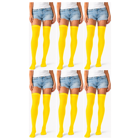 6x Over Knee Stay Up Stockings Bulk Pack - Yellow (Halloween Costume Socks & Fancy Dress Party)