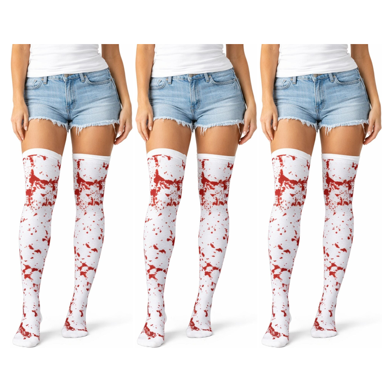 3x Fake Blood Splash Over Knee Stay Up Stockings Pack - White/Red (Halloween Socks & Fancy Dress)