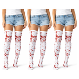 3x Fake Blood Splash Over Knee Stay Up Stockings Pack - White/Red (Halloween Socks & Fancy Dress)