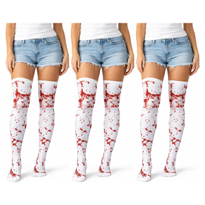 3x Fake Blood Splash Over Knee Stay Up Stockings Pack - White/Red (Halloween Socks & Fancy Dress)