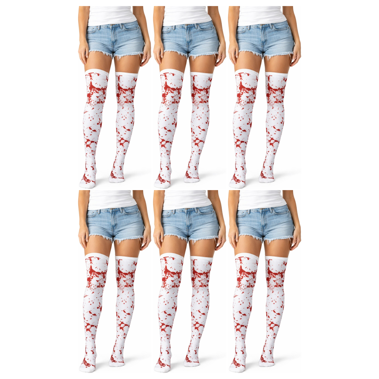 6x Fake Blood Splash Over Knee Stay Up Stockings Bulk Pack - White/Red (Halloween Socks & Fancy Dress)