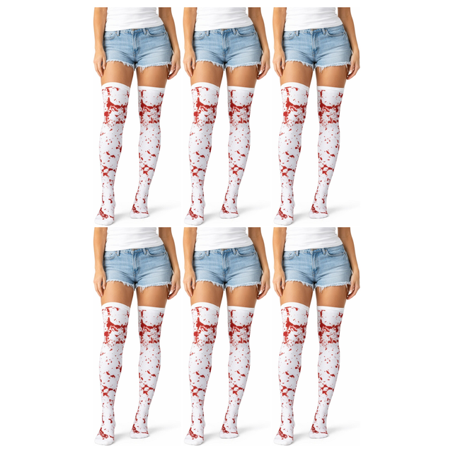 6x Fake Blood Splash Over Knee Stay Up Stockings Bulk Pack - White/Red (Halloween Socks & Fancy Dress)