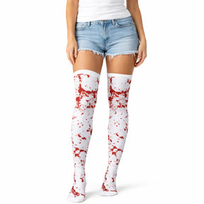 Fake Blood Splash Over Knee Stay Up Stockings - White/Red  (Halloween Socks & Fancy Dress)