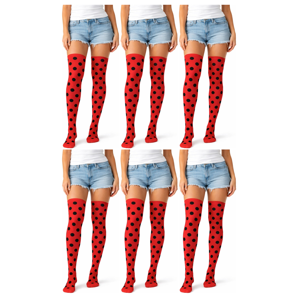 6x Ladybug Polka Dot Over Knee Stay Up Stockings Bulk Pack - Red/Black (Halloween Socks & Fancy Dress)